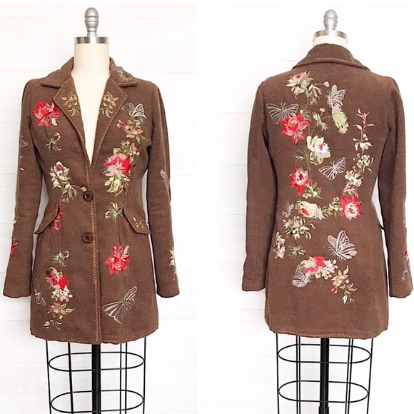 PAPARAZZI Embroidered Floral Butterfly Boho Wool Long Trench Coat Brown Small - Picture 1 of 11